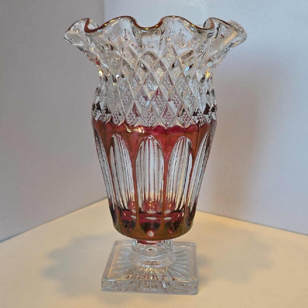 Vintage Westmoreland Wakefield Ruby On Clear Vase Square Base 6.5 Inches Tall